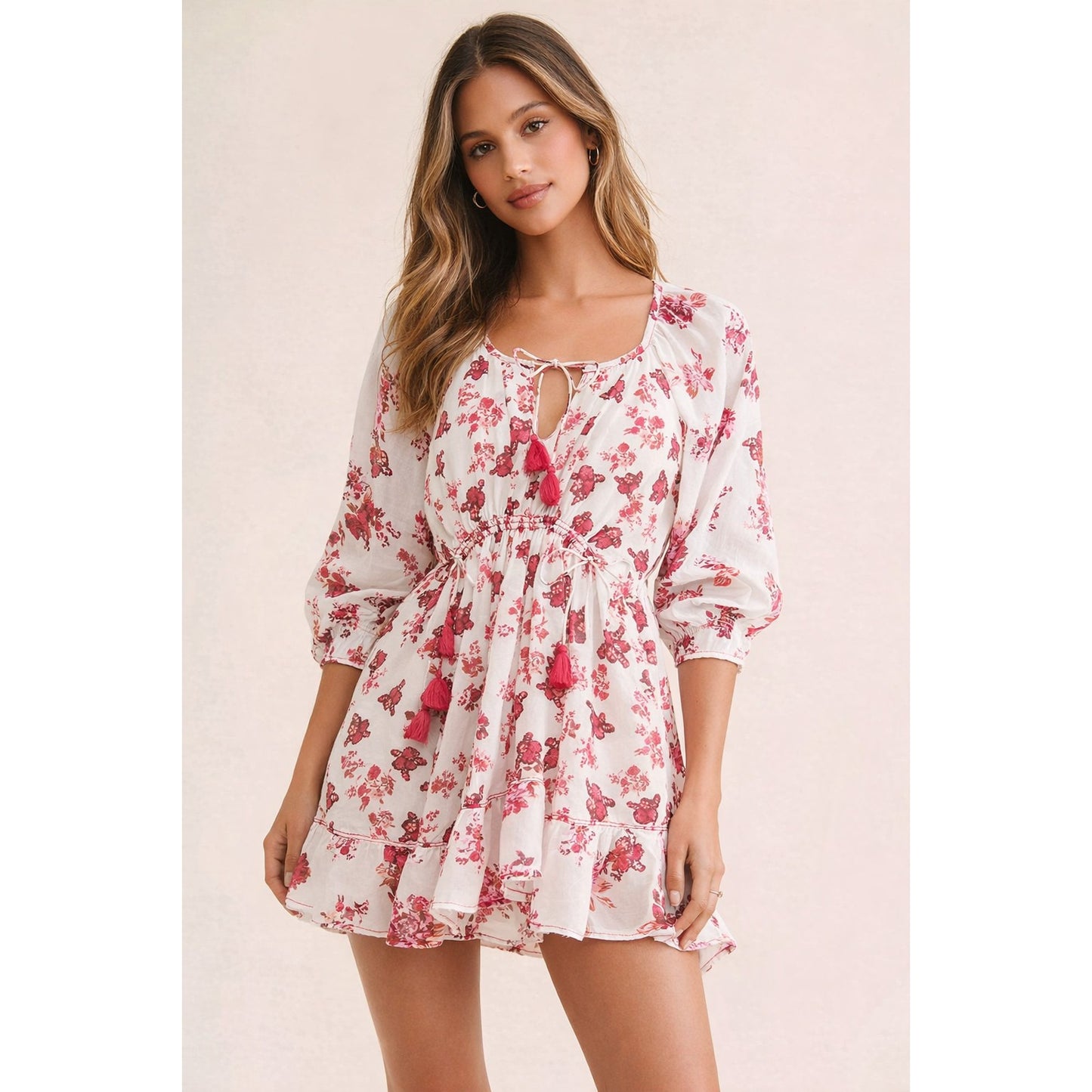 Free People Camella Floral Mini Dress Pink Red Floral Ivory Combo - L