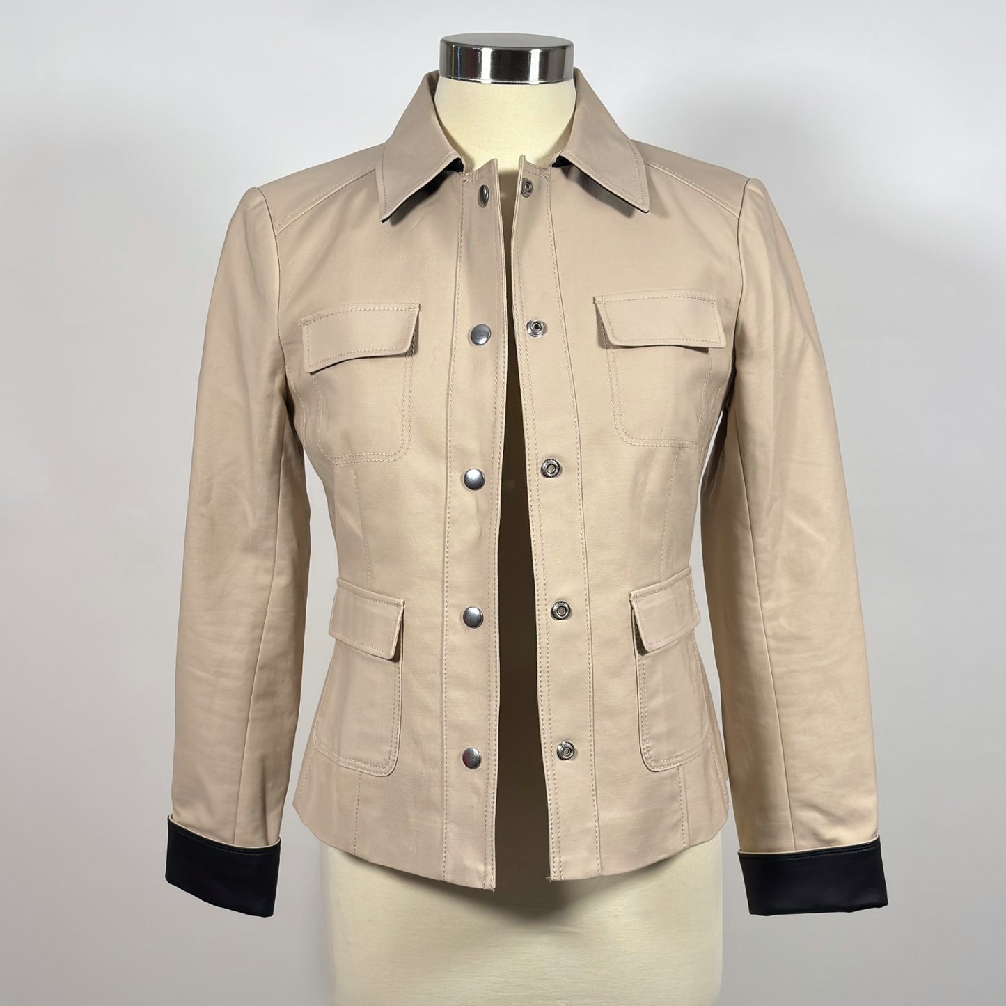 Ann Taylor Utility Blazer Beige Vegan Leather Cuffs - 2