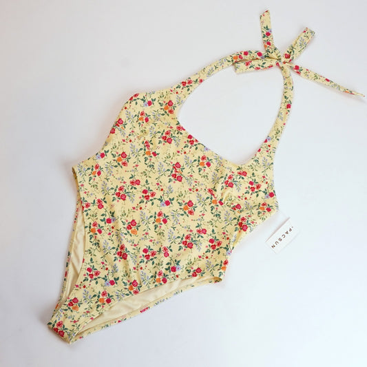 Amor y Besos Penelope Yellow Floral Halter One Piece Cheeky Swimsuit Pacsun - M