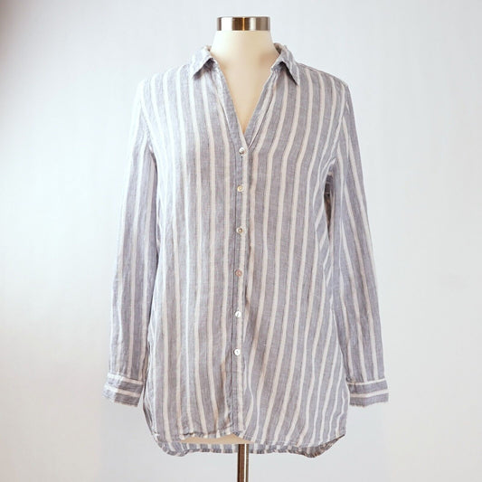 Nicole Miller Linen Button Down Shirt Blue White Striped Long Sleeve - M