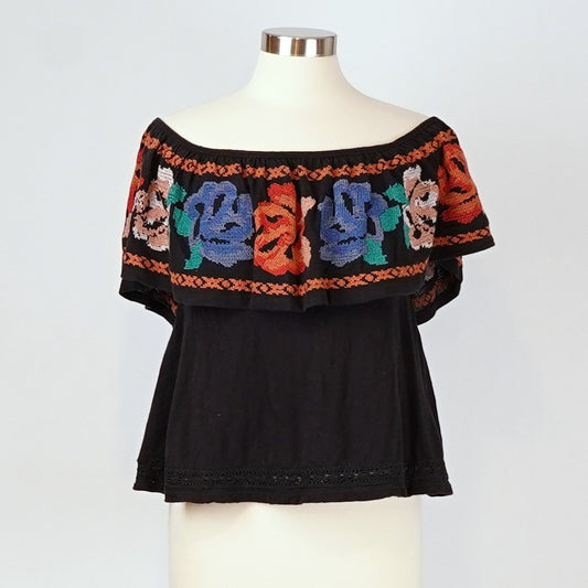Free People Cross Stitch Embroidered Floral Top Black Off Shoulder - XS