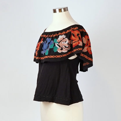 Free People Cross Stitch Embroidered Floral Top Black Off Shoulder - XS