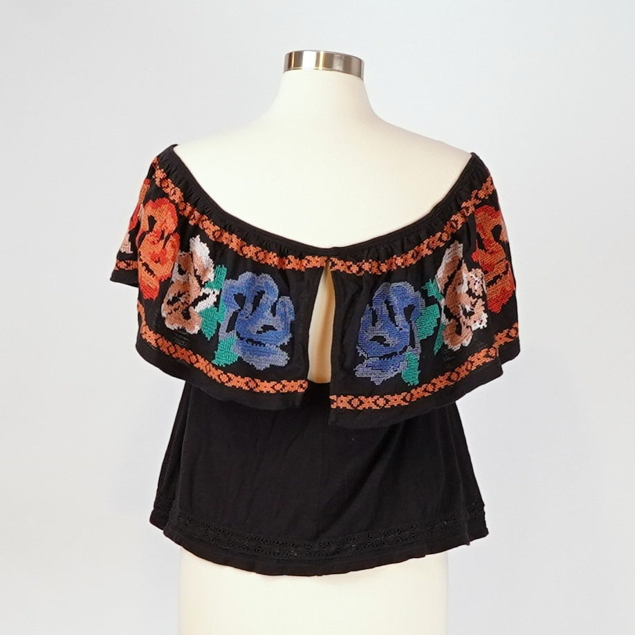 Free People Cross Stitch Embroidered Floral Top Black Off Shoulder - XS