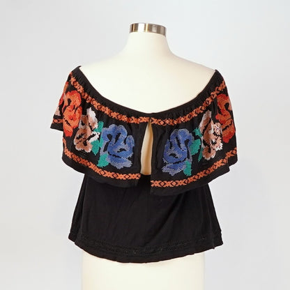Free People Cross Stitch Embroidered Floral Top Black Off Shoulder - XS