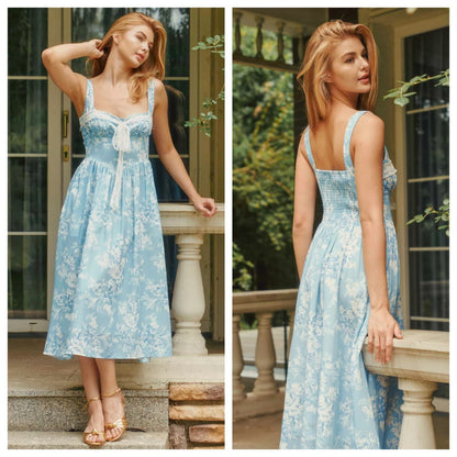 Lait Collection Luna Lace-Bow Floral Midi Dress - M
