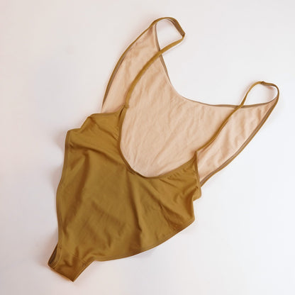 American Apparel One Piece Swimsuit High Cut Open Back Olive Green - M