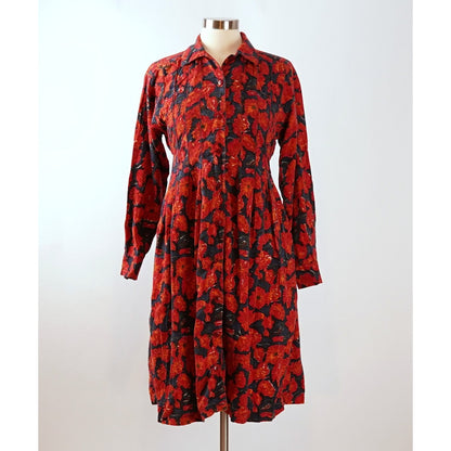 Anokhi Red Poppy Floral Midi Shirt Dress - 8 - Vintage 80's