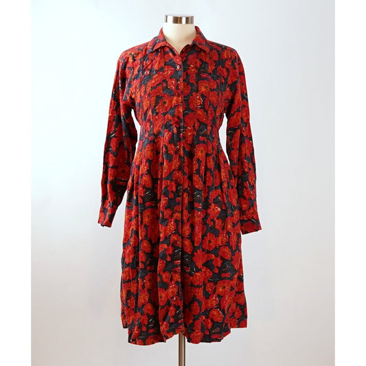 Anokhi Red Poppy Floral Midi Shirt Dress - 8 - Vintage 80's