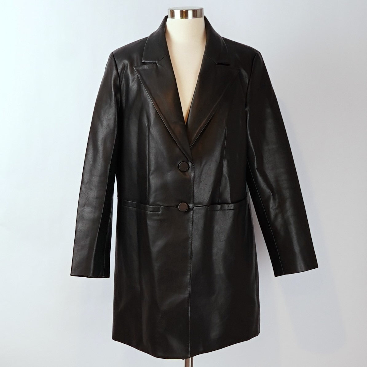 BCBGMaxAzria Vegan Leather Longline Notch Collar Blazer Coat Jacket Black - L