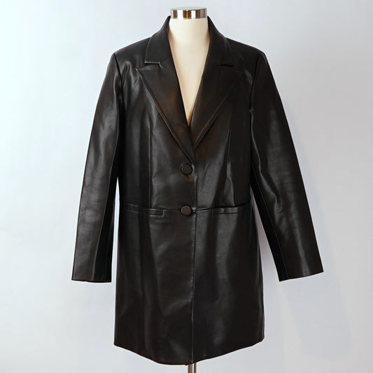 BCBGMaxAzria Vegan Leather Longline Notch Collar Blazer Coat Jacket Black - L