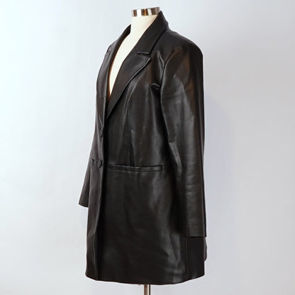 BCBGMaxAzria Vegan Leather Longline Notch Collar Blazer Coat Jacket Black - L