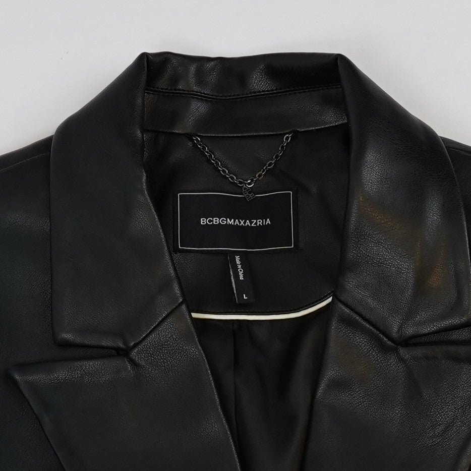 BCBGMaxAzria Vegan Leather Longline Notch Collar Blazer Coat Jacket Black - L
