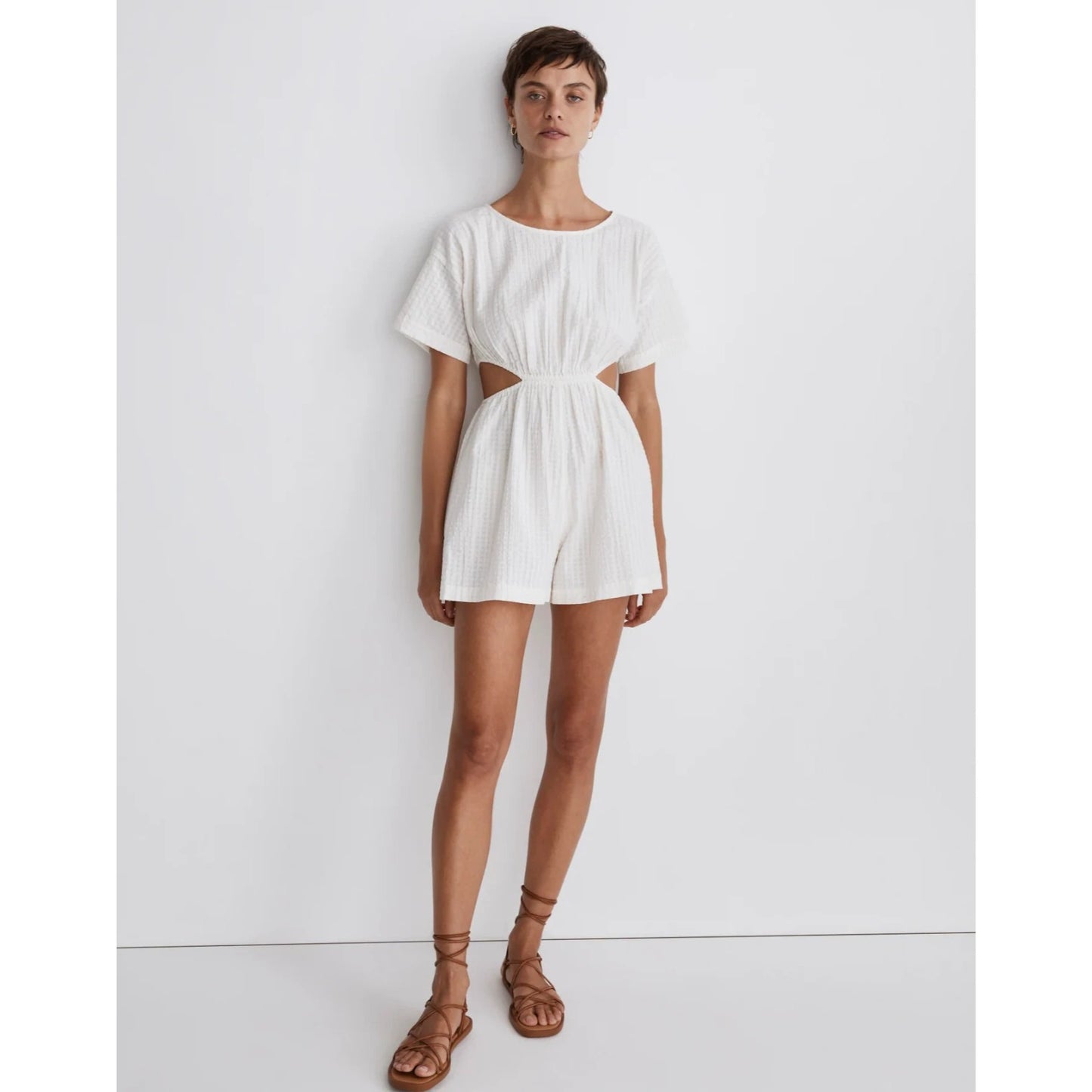 Madewell Cutout Romper in Seersucker White - S