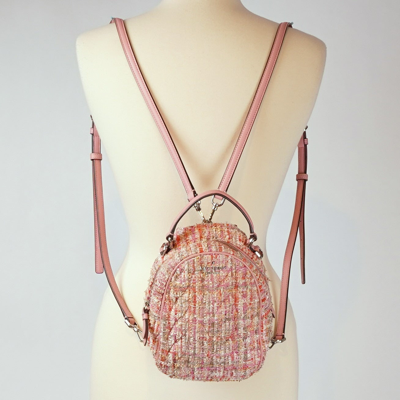 Kate Spade Briar Lane Mini Quilted Pink Tweed Leather Convertible Backpack