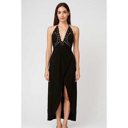 Cleobella Embroidered Lace Halter Midi Maxi Dress Tulip Hem Black - XS