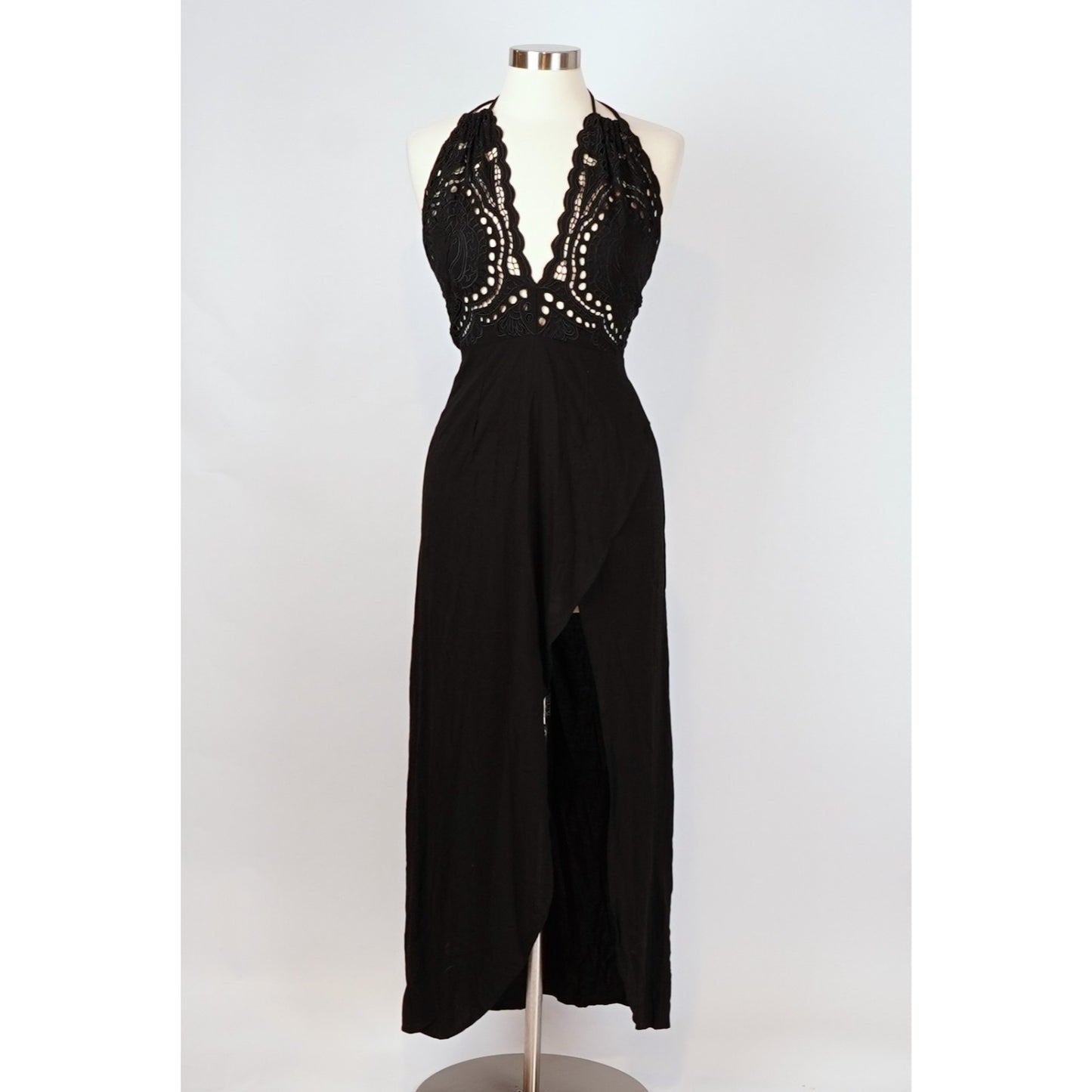 Cleobella Embroidered Lace Halter Midi Maxi Dress Tulip Hem Black - XS