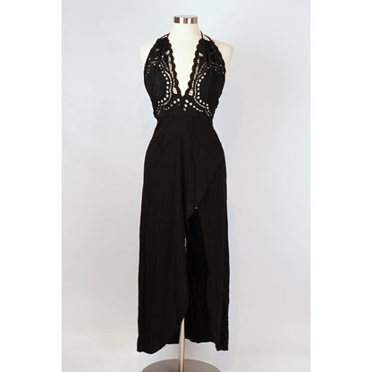 Cleobella Embroidered Lace Halter Midi Maxi Dress Tulip Hem Black - XS