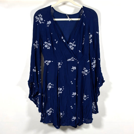 Free People Jasmine Embroidered Bell Sleeve Mini Dress Navy - 4