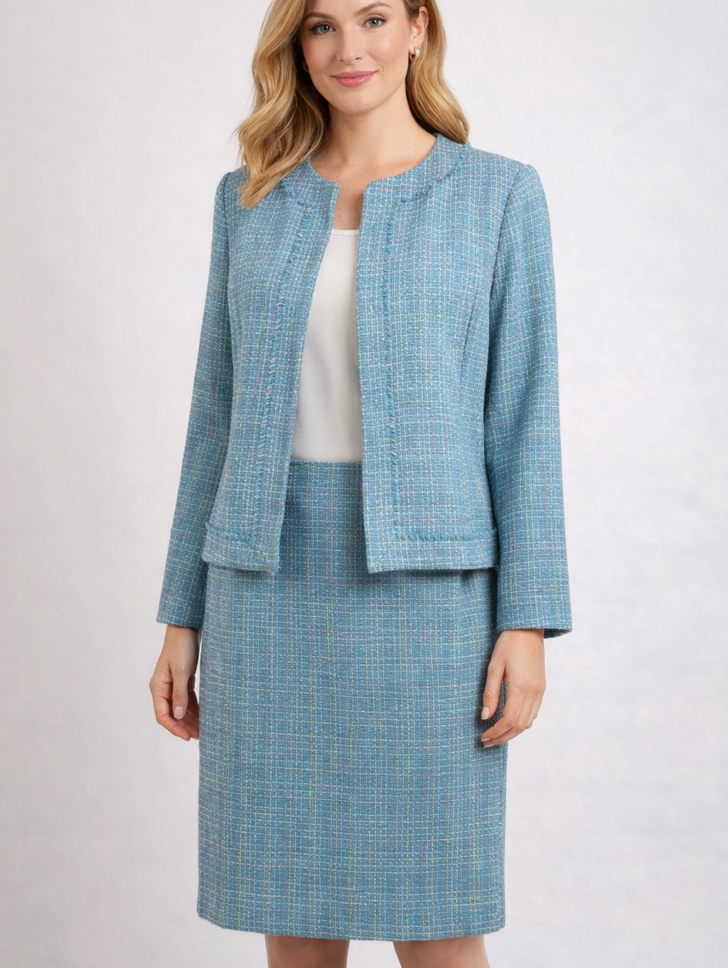 Requirements Blazer Skirt Suit Set Blue Pastel Tweed Knit - 12