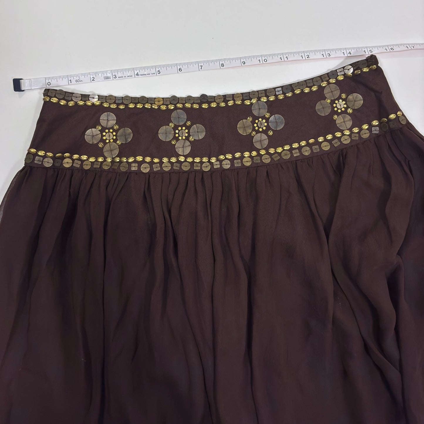 Willi Smith Brown Silk Midi Skirt Gold Sequins - Size 10
