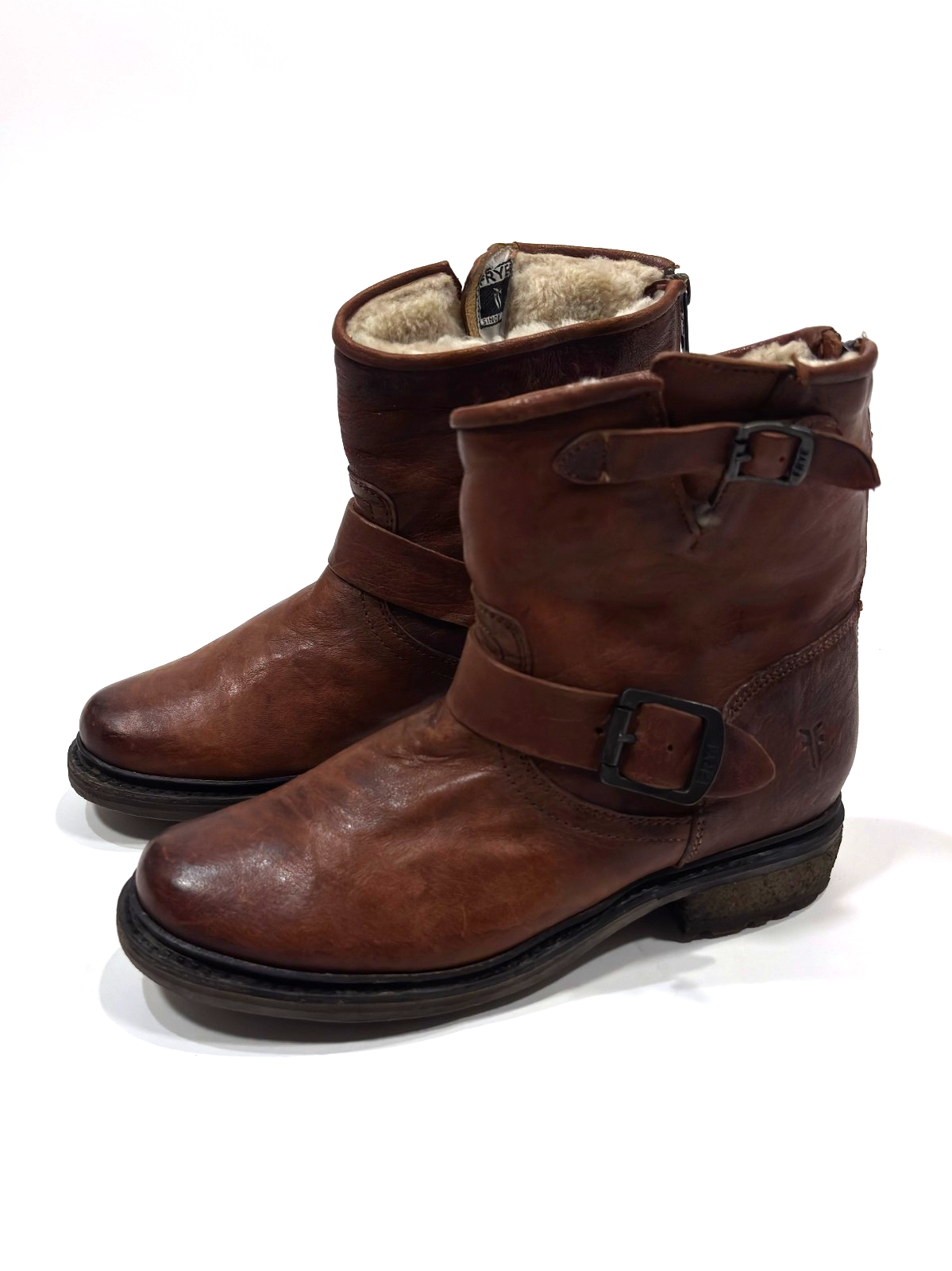 Frye Leather Brown Ankle Boots Shearling Lined Double Strap Zipper Moto - 7