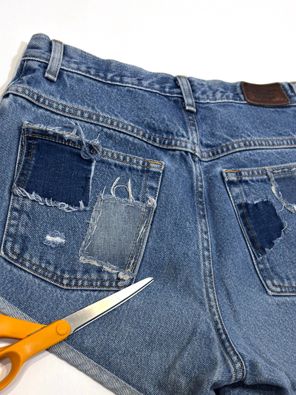 LL Bean Patchwork Denim Mini Shorts High Rise Distressed - 8