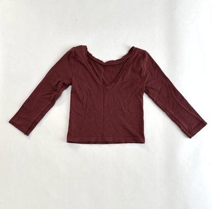 Anthropologie 3/4 Sleeve Blouse Low Back Cropped Scalloped Detail Mauve - S