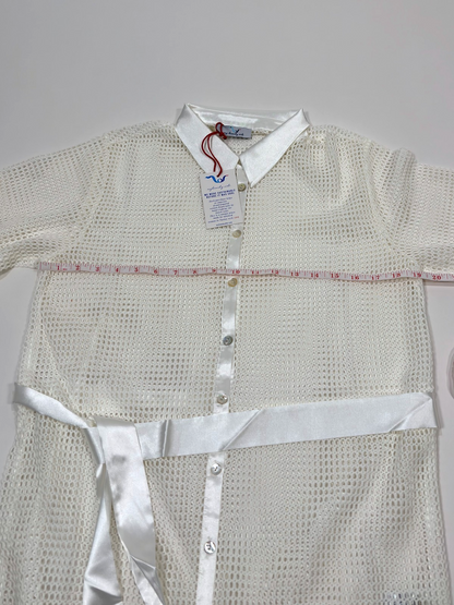My Beachy Side Crochet Lace Belted Button Up Mini Shirt Dress - S