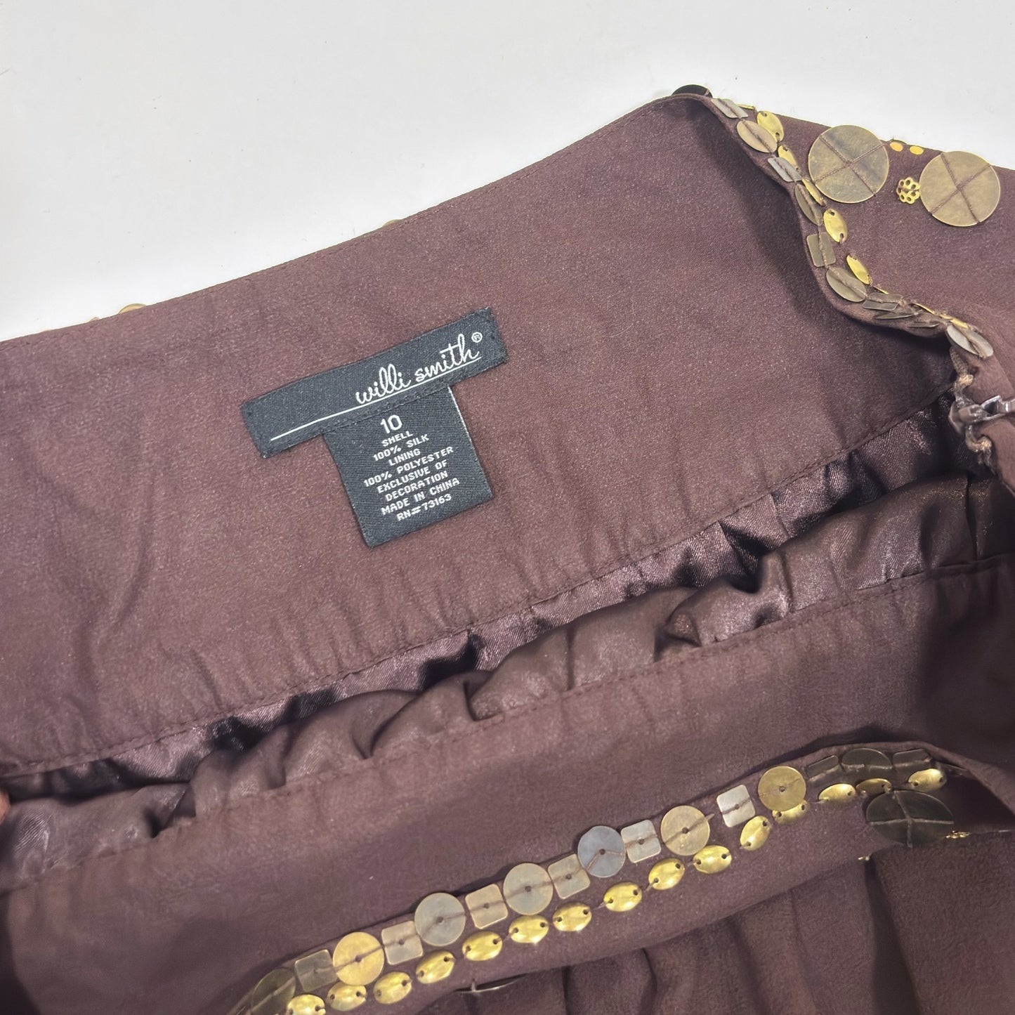 Willi Smith Brown Silk Midi Skirt Gold Sequins - Size 10