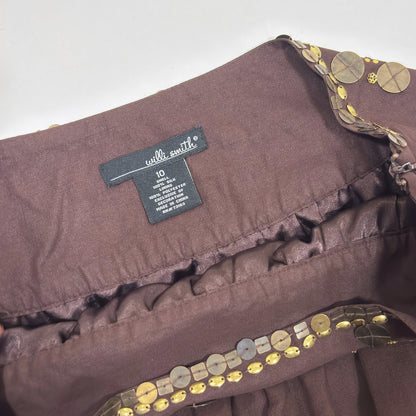 Willi Smith Brown Silk Midi Skirt Gold Sequins - Size 10