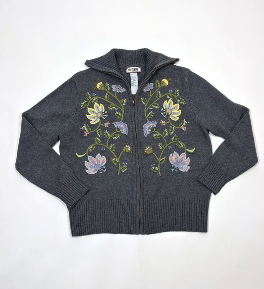 Tiara International Full Zip Knit Sweater Floral Embroidered Vintage - M