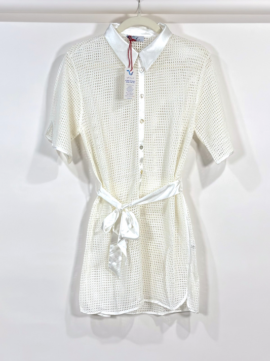 My Beachy Side Crochet Lace Belted Button Up Mini Shirt Dress - S