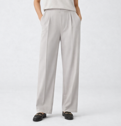 Eileen Fisher System Boiled Wool Jersey Pleated Wide-Leg Trouser Pant Chalk Gray - XL