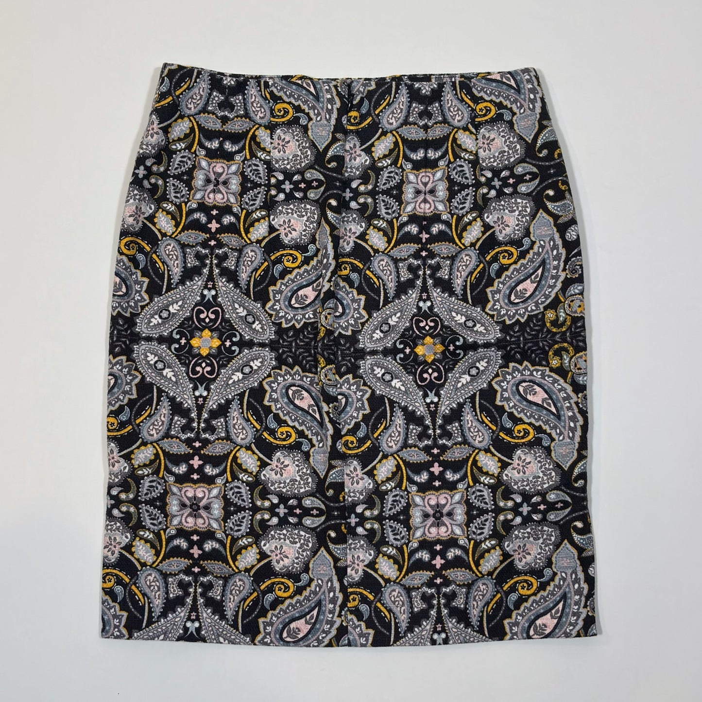 Ann Taylor Loft Black Yellow Paisley Print Cotton Pique Pencil Skirt - 2P