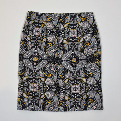 Ann Taylor Loft Black Yellow Paisley Print Cotton Pique Pencil Skirt - 2P