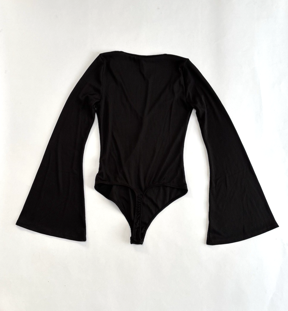 Free People Charli Bodysuit Bell Sleeve V Neck Ribbed Black - S