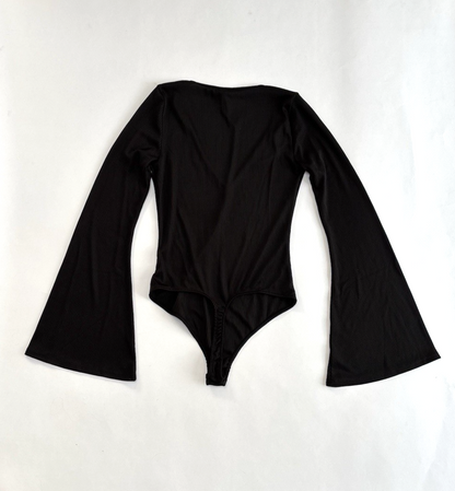 Free People Charli Bodysuit Bell Sleeve V Neck Ribbed Black - S