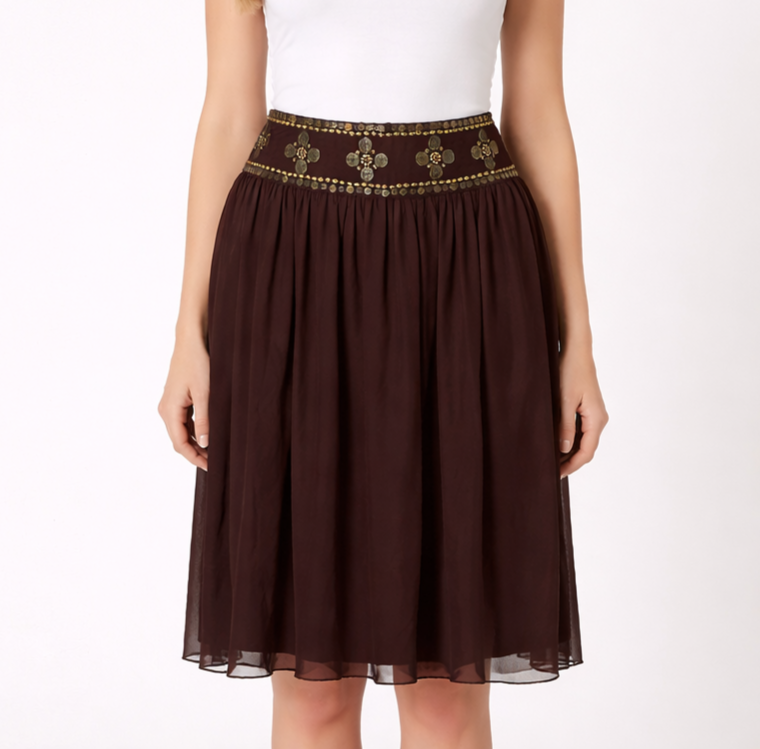 Willi Smith Brown Silk Midi Skirt Gold Sequins - Size 10