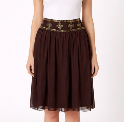 Willi Smith Brown Silk Midi Skirt Gold Sequins - Size 10