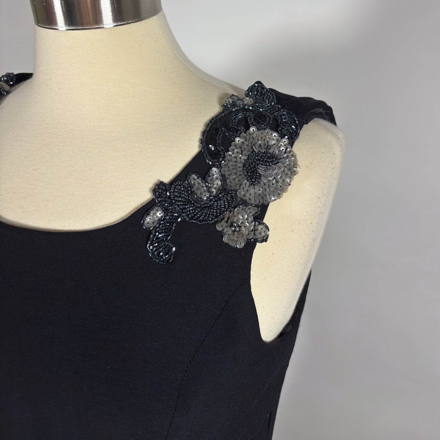 Loralie Black Floral Beaded Cowl Back Floor Length Gown - 10