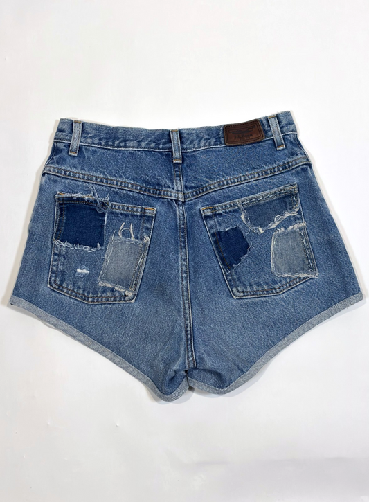 LL Bean Patchwork Denim Mini Shorts High Rise Distressed - 8