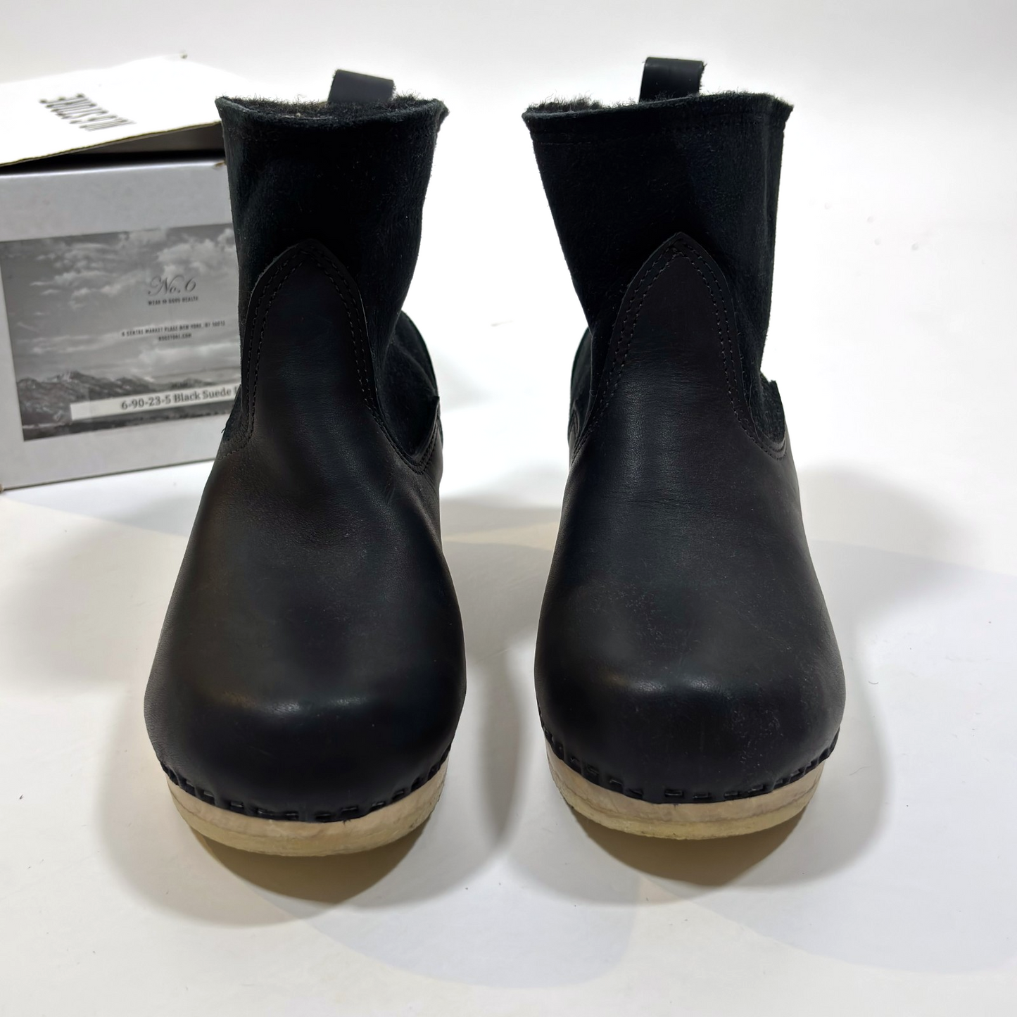 No.6 Pull on Shearling Clog Boot 5" on Mid Heel Black Leather Suede 42 - US10/11