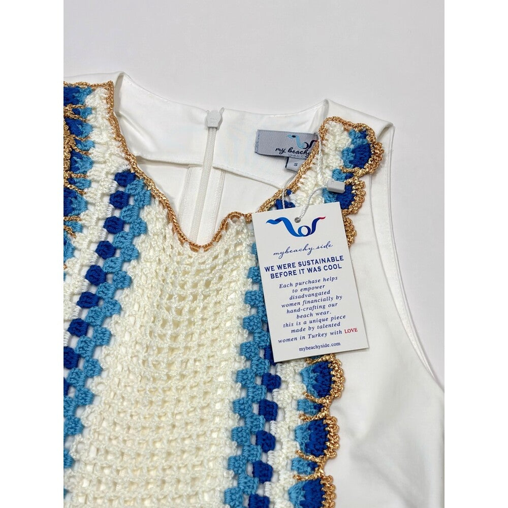 My Beachy Side Arya Mini Cotton Shift Dress Crochet White Blue - S