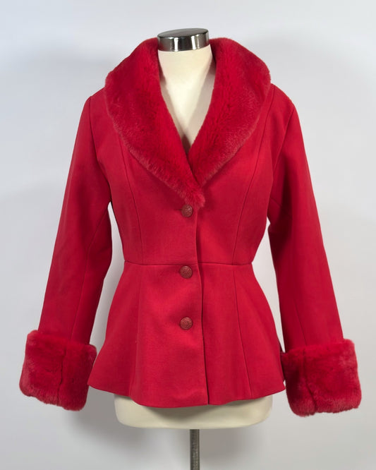 Venus Faux Fur Trim Jacket Coat in Barberry Pink/Red - M
