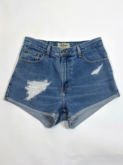 LL Bean Patchwork Denim Mini Shorts High Rise Distressed - 8