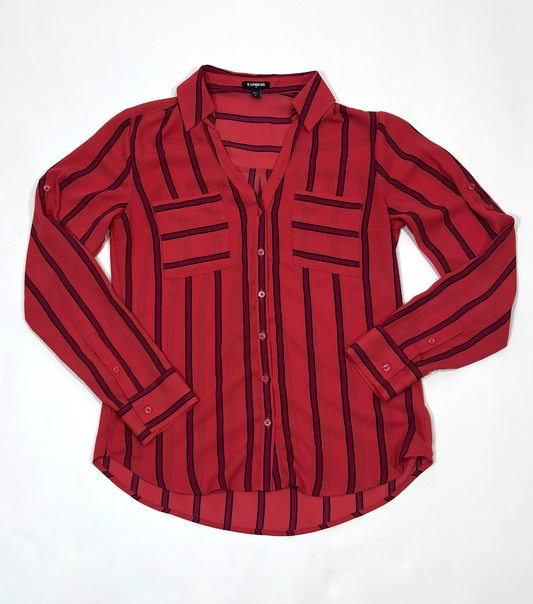 Express Portofino Button Down Shirt Raspberry Red Pink Striped - S