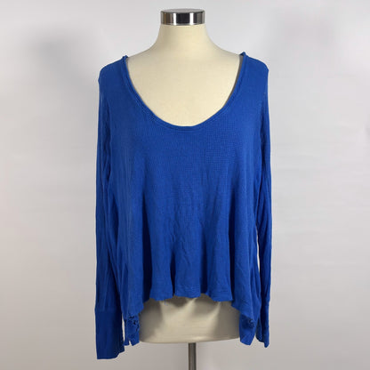 Free People Thermal Waffle Knit Scoop Neck Long Sleeve Shirt Top Tunic Blue - L