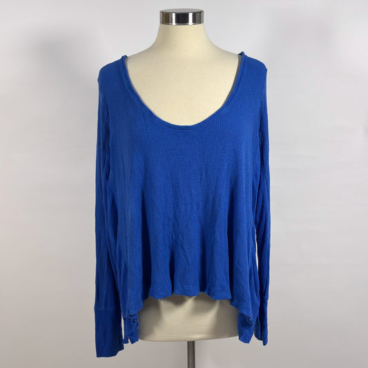 Free People Thermal Waffle Knit Scoop Neck Long Sleeve Shirt Top Tunic Blue - L