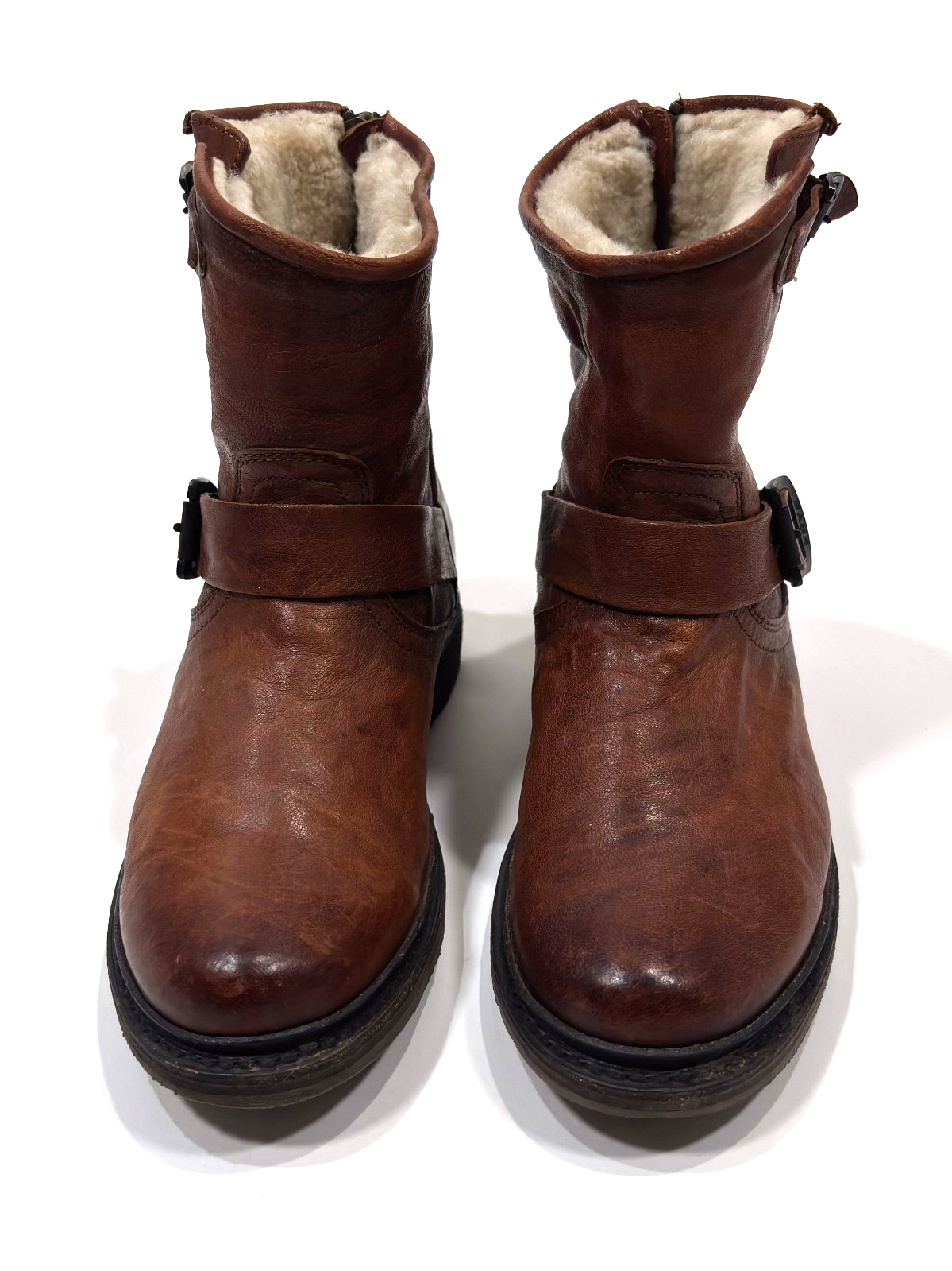 Frye Leather Brown Ankle Boots Shearling Lined Double Strap Zipper Moto - 7