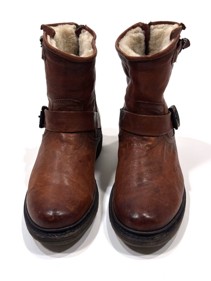 Frye Leather Brown Ankle Boots Shearling Lined Double Strap Zipper Moto - 7